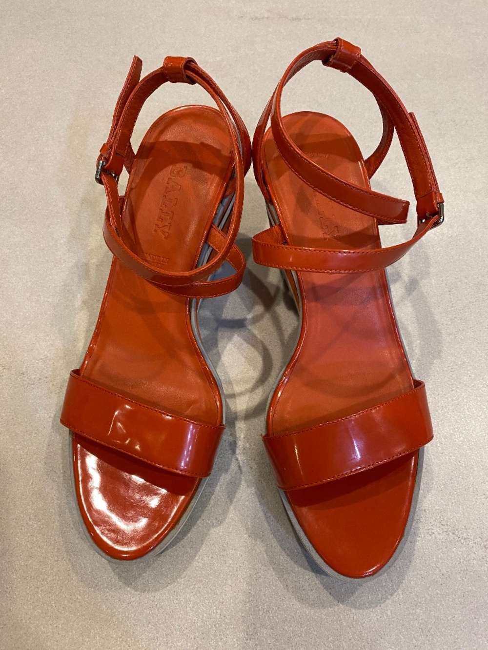 Authentic BALLY Patent Leather Ankle Strap Wedge Sandals